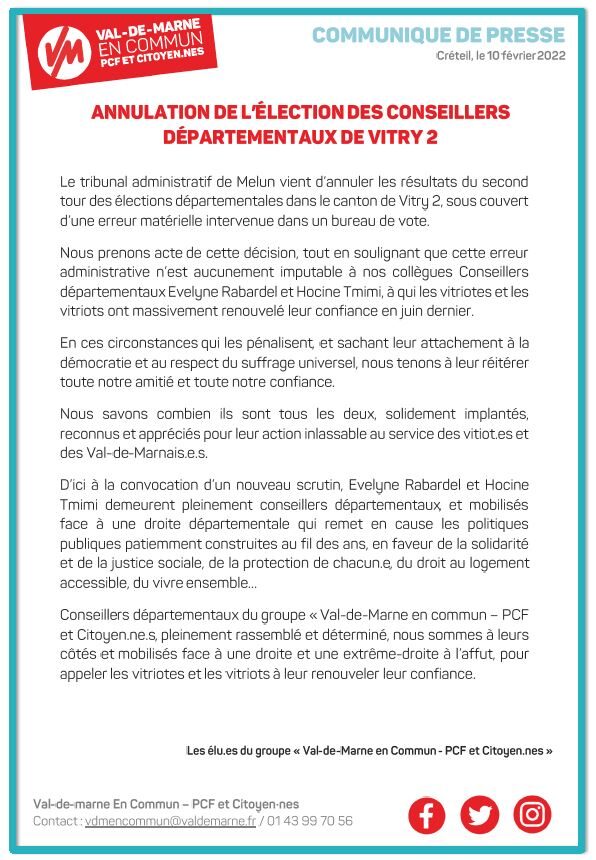 CommuniquÃ© â€“ Annulation de lâ€™Ã©lection dÃ©partementale sur le canton de Vitry-sur-Seine 2