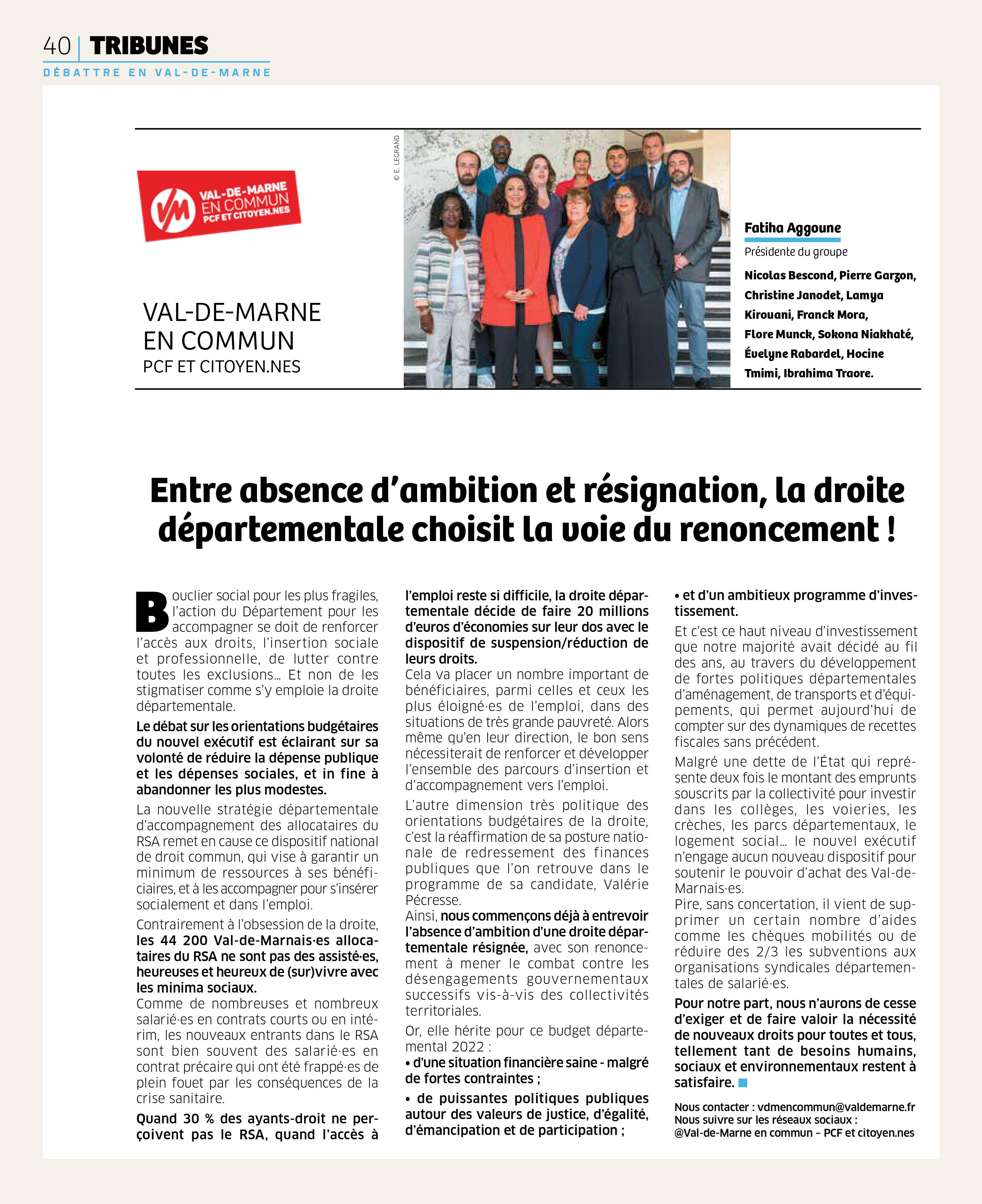 Tribune du groupe Val-de-Marne en commun PCF et Citoyen.nes du mois de mars 2022 - Magazine numÃ©ro 394