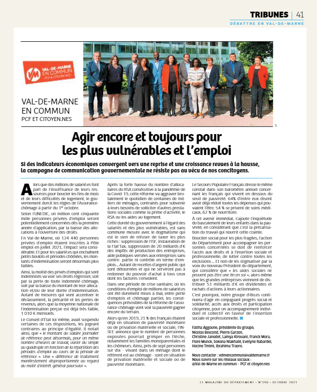 Tribune du groupe Val-de-Marne en commun PCF et Citoyen.nes du mois d'Octobre 2021 - Magazine numÃ©ro 390