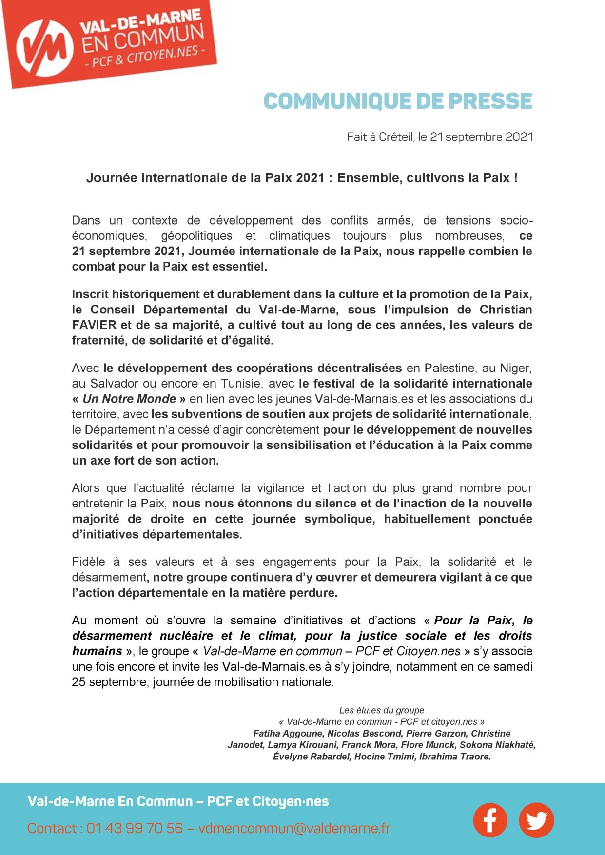 CommuniquÃ© - JournÃ©e internationale de la Paix 2021 : Ensemble, cultivons la Paix !