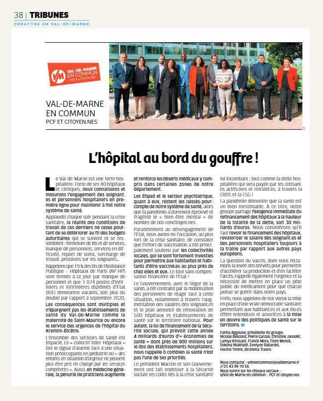 Tribune du groupe Val-de-Marne en commun PCF et Citoyen.nes du mois de dÃ©cembre 2021 - Magazine numÃ©ro 392